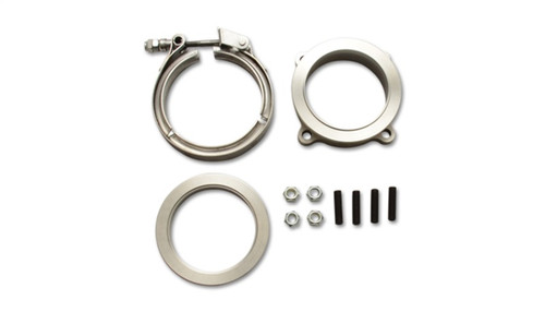 Vibrant GT Series turbo adapter kit, 3in 4 bolt to 3in V-band flange with clamp and hardware laid out flat.