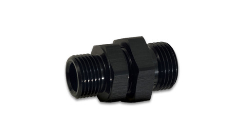 Vibrant -10AN to -8AN ORB male to male union adapter, black anodized, hex center, threaded ends both sides