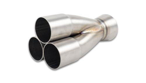 Vibrant stainless 3-1 merge collector, three 1.75in tube inlets joining into single 2.50in outlet flange.