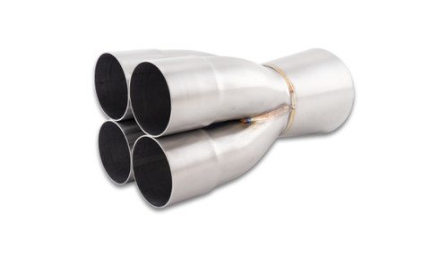 Vibrant 4-1 merge collector, four 2.50in inlet tubes joining into single 4.00in outlet, brazed weld visible