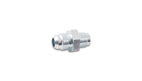 Vibrant male AN to inverted flare adapter fitting, hex center, flared ends shown at an angle on white background.