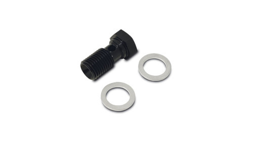 Vibrant banjo bolt, M16 x 1.5, 34mm length, black finish, shown with two flat metal sealing washers.