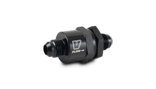 Vibrant One Way Check Valve -12AN Piston Style, black anodized fitting with flow direction arrow, angled view