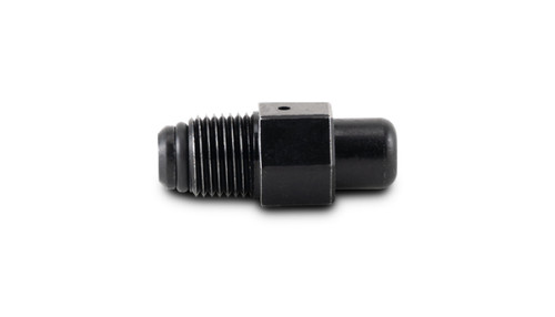 Vibrant 1/8in NPT 304SS pressure relief valve, black fitting with hex body and threaded end, side view
