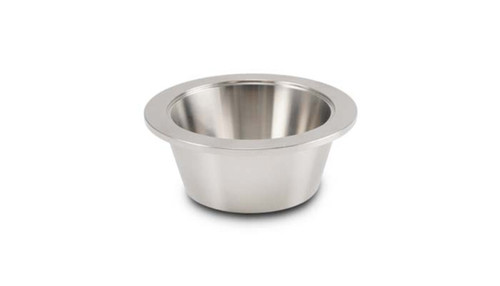 Vibrant V-Band transition flange, 2.50in tube O.D. to 3in V-Band, stainless steel, angled top view.
