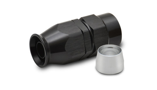 Vibrant -8AN straight hose end fitting, black anodized body with silver PTFE collar, side angle view