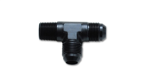 Vibrant black aluminum tee fitting, two AN flare male ends and one NPT threaded male port, side view