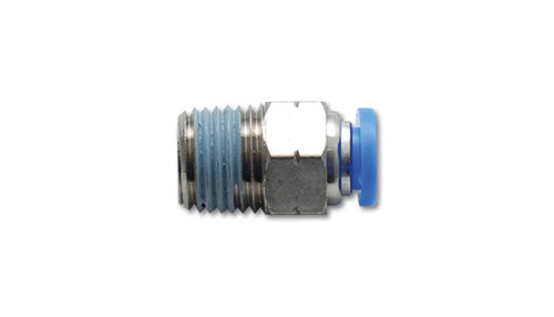 Vibrant male straight pneumatic vacuum fitting, 1/8in NPT threads, blue push to connect end for 5/32in tubing.