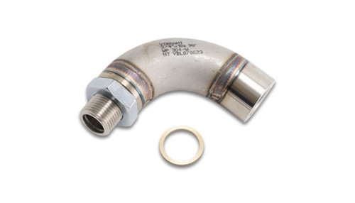 Vibrant Thread On J Style Sensor Bung Adapter, 90 degree stainless elbow with threaded boss, nut and copper washer shown separately