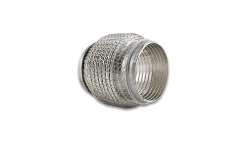 Vibrant SS flex coupling, 3in x 4in, angled view showing mesh braid exterior and interlock liner inside bore