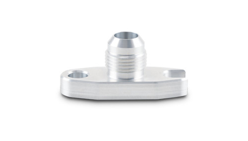 Vibrant aluminum oil drain flange with 10AN male flare fitting, angled view, 2.00in bolt hole spacing visible.