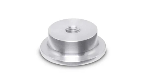 Vibrant M8 x 1.0 stand off weld bung, aluminum, angled view showing threaded center hole and flared base