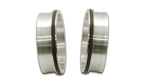 Vibrant stainless steel weld fittings with black O-rings, pair shown for 3.5in OD tubing, front angle view