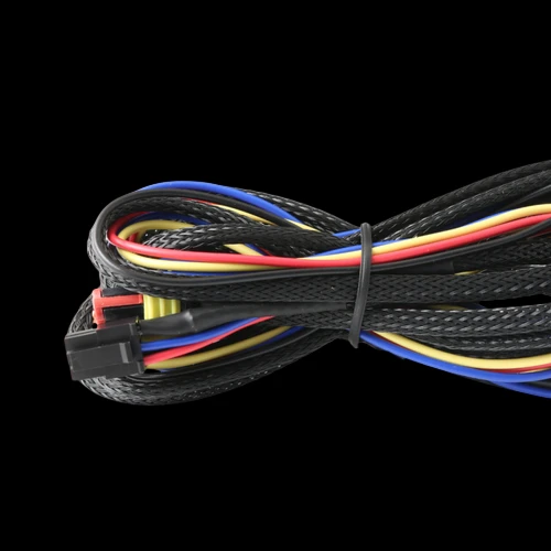 GFB G-Force/D-Force wiring loom, braided harness with red, blue, yellow wires and connector plug.