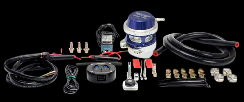 Turbosmart blue Raceport BOV with controller kit, wiring, hoses, and brass fittings laid out