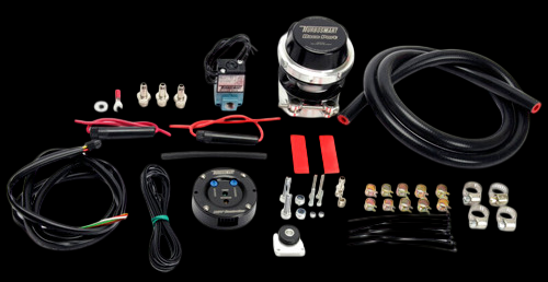 Turbosmart BOV Controller Kit with black Raceport valve, wiring, connectors, and hose laid out on black background