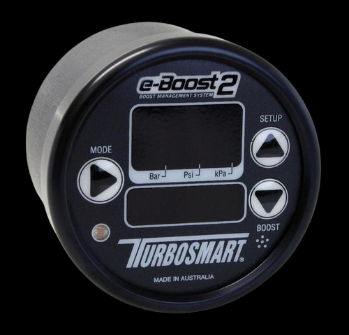 Turbosmart eBoost2 60mm electronic boost controller, black, front view with Mode, Setup, Boost buttons