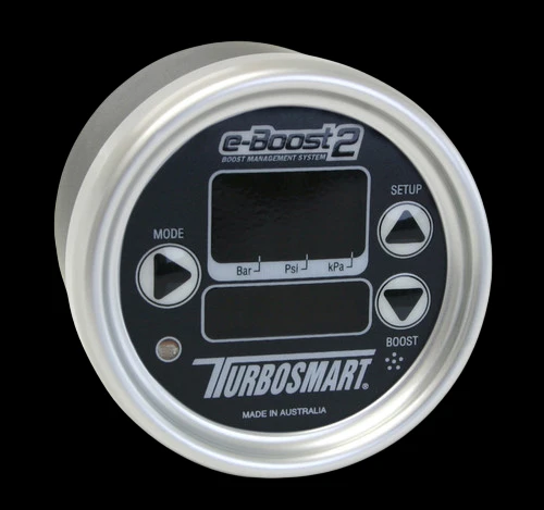 Turbosmart eB2 66mm boost controller, silver bezel, black face, front angled view with Mode, Setup, Boost buttons