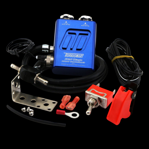 Turbosmart Dual Stage Boost Controller V2 in blue, front view with hoses, mounting bracket, red toggle switch and terminals