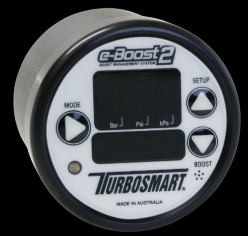 Turbosmart EB2 66mm boost controller gauge, black bezel, angled front view showing display and buttons
