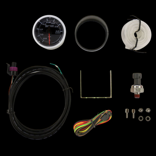 Turbosmart Electric Boost Only Gauge 4 Bar 52mm kit with mounting cup, tubing, wiring, bracket and sensor