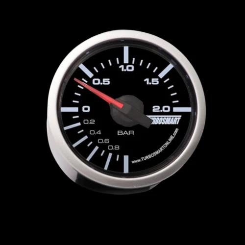 Turbosmart 0-2 Bar 52mm Boost Gauge, front view showing black dial face, chrome bezel, red needle at 0