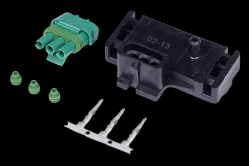 Haltech 1 Bar GM MAP Sensor kit with green connector plug, 3 pins, and seals shown