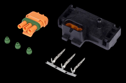 Haltech 3 Bar GM MAP Sensor kit with orange plug, three green seals and metal pins, black connector housing