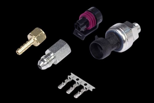 Haltech 5 Bar TI MAP Sensor with brass barb fitting, connector housing, and terminal pins laid out