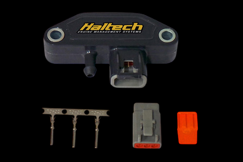 Haltech 3 Bar MAP Sensor with connector pins, gray plug and orange terminal cover, front angle view