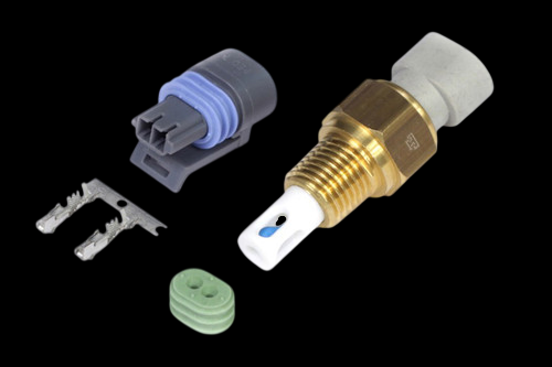 Haltech Nissan Z32 300ZX air temp sensor with brass NPT thread, gray Delphi plug, pins, and green seal