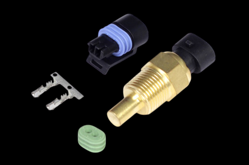 Haltech coolant temp sensor with brass NPT threaded body, black Delphi plug, terminal pins and seal