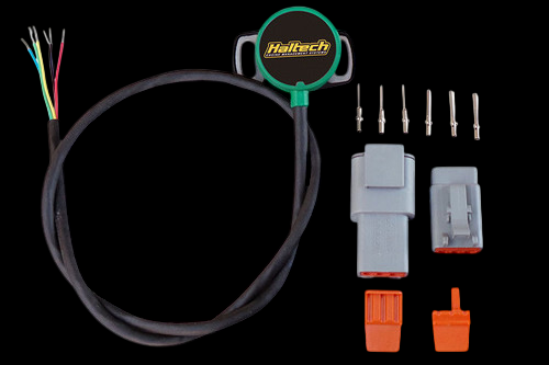 Haltech Throttle Position Sensor kit with coiled cable, connector housings, pins, and terminal locks