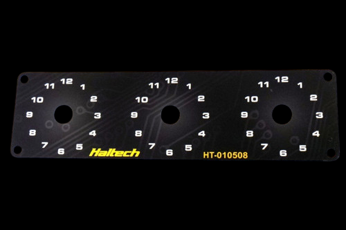 Haltech Triple Switch Panel gauge face, three clock style dials numbered 1 to 12, Haltech and HT-010508 logos