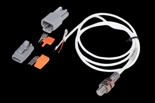 Haltech Hall Effect Sensor with threaded metal body, white cable, DTM connector and terminal pins