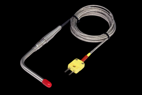 Haltech K type thermocouple probe with braided cable, red tip, and yellow connector plug
