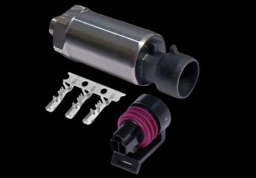 Haltech 250 PSI fuel/oil pressure sensor with 1/8 NPT thread, mating connector plug, and 3 terminal pins