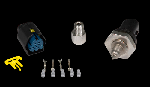 Haltech Bosch 145 PSI sensor kit with connector, adapter fitting, pins, and yellow terminal lock