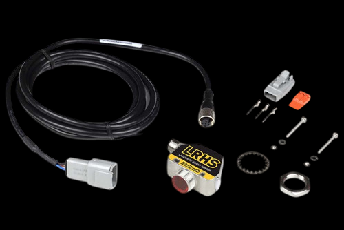 Haltech Laser Ride Height Sensor with coiled cable, connector kit, mounting hardware, top angled view