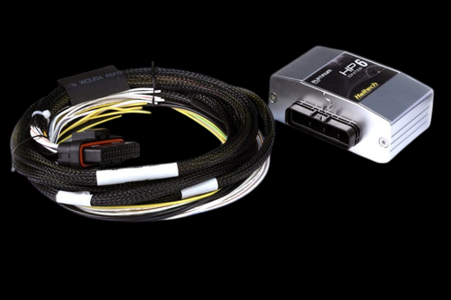 Haltech HPI6 igniter box with connector pins, coiled wiring harness and flying lead kit on black background