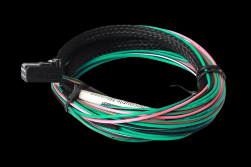 Haltech TCA4 thermocouple harness coiled, black connector visible, braided loom, pink and green wires