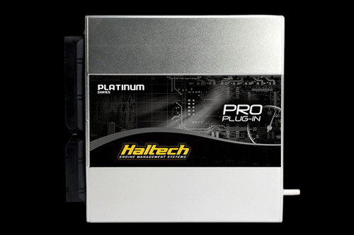 Haltech Platinum PRO Direct Kit ECU, front view showing silver casing and connector plugs on left side