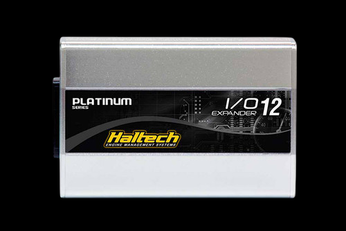 Haltech IO 12 Expander Box, front angled view showing Platinum Series label and connector edge
