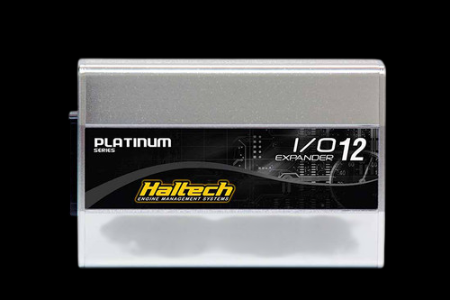 Haltech Platinum I/O 12 Expander box, front angled view showing label and connector edge