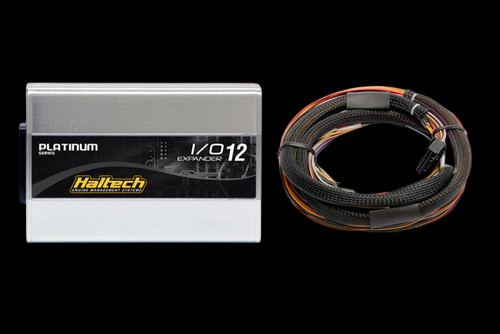 Haltech IO 12 Expander Box A with flying lead harness, front angled view, silver case and coiled wiring loom