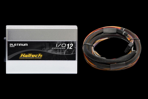 Haltech IO 12 Expander Box B, front angle, with braided flying lead wiring harness alongside
