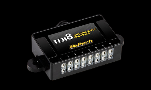 Haltech TCA8 eight channel thermocouple amplifier, black box angled view showing 8 input terminals