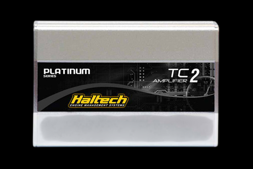 Haltech Platinum TC2 Amplifier box, front label view showing brand and model text, silver casing