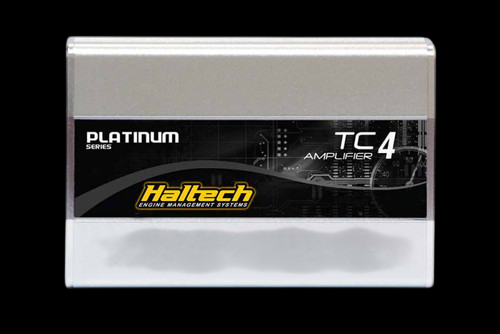 Haltech Platinum Series TC4 amplifier box, front angled view showing silver casing and label.