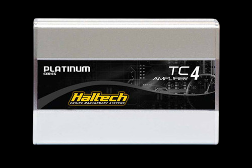 Haltech TCA4 Platinum Series Quad Channel Thermocouple Amplifier box, front label view, silver casing